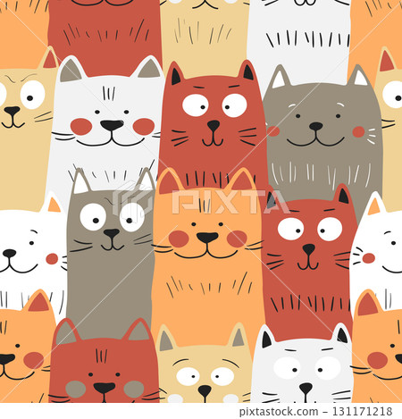 Seamless pattern with cute kitten print. Different scandy cats on color background. Scandinavian style illustration for kids. Vector illustration for fabric, textile, wallpaper, home clothing, pajama Seamless pattern with cute kitten print. Different scandy cats on color background. Scandinavian style illustration for kids. Vector illustration for fabric, textile, wallpaper, home clothing, pajama 131171218