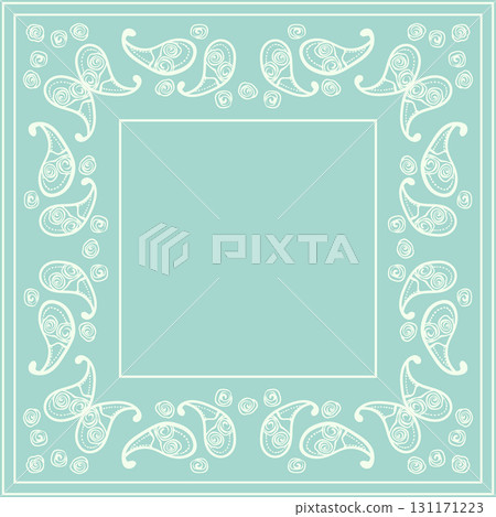 Print for kerchief, bandana, scarf, handkerchief, shawl, neck scarf. Squared pattern with ornament for fabric, textile, silk products. Paisley vector with abstract flowers. Floral folk tracery Print for kerchief, bandana, scarf, handkerchief, shawl, neck scarf. Squared pattern with ornament for fabric, textile, silk products. Paisley vector with abstract flowers. Floral folk tracery 131171223