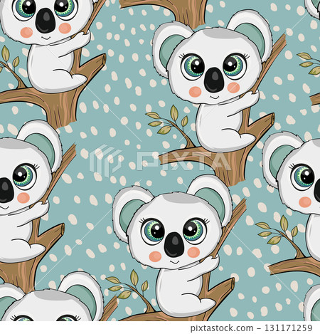 Seamless pattern with cute koala baby on color background. Funny australian animals. Card, postcards for kids. Flat vector illustration for fabric, textile, wallpaper, poster, paper Seamless pattern with cute koala baby on color background. Funny australian animals. Card, postcards for kids. Flat vector illustration for fabric, textile, wallpaper, poster, paper 131171259