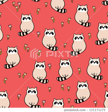Vector seamless repeating childish pattern with cute raccoon in doodle style. Animals background for invitation, poster, card, flyer, textile, fabric 131171275