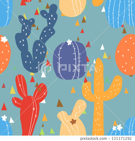 Seamless pattern with cactus with thorns, succulent on color background. Vector drawing illustration for icon, game, packaging, fabric, textile. Wild west, western, cowboy concept Seamless pattern with cactus with thorns, succulent on color background. Vector drawing illustration for icon, game, packaging, fabric, textile. Wild west, western, cowboy concept 131171292