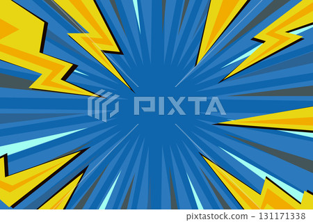 Pop art radial colorful comics book magazine cover. Striped color digital background with thunder flash. Cartoon funny retro pattern strip mock up. Vector halftone illustration. Sunburst shape 131171338