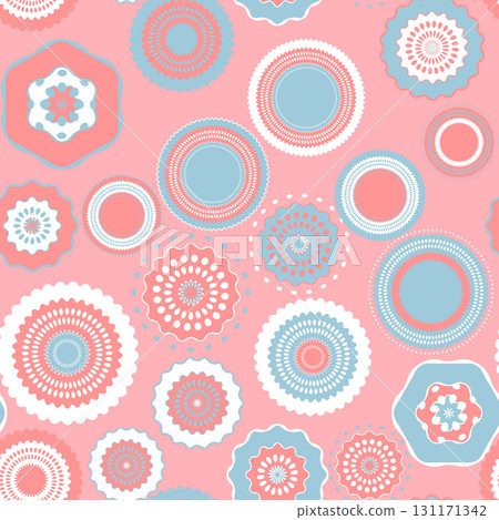 Seamless pattern with geometric aboriginal ornament. Ethnic tribal rounded color background. Afican, australian motiph. Dots painting. Vector illustration, template design for cloth, card, fabric 131171342