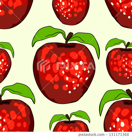 Seamless pattern with apple on color background. Natural delicious fresh ripe tasty fruit. Vector illustration for print, fabric, textile, banner, design. Stylized apples with leaves. Food concept 131171368