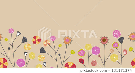 Seamless floral border based on traditional folk art ornaments. Flowers on color background. Scandinavian style. Sweden nordic style. Vector illustration. Simple minimalistic design 131171374
