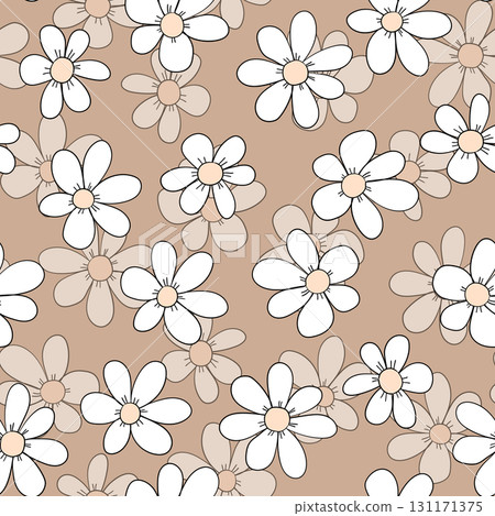 Seamless floral pattern based on traditional folk art ornaments. Colorful chamomile, daisy flowers on color background. Doodle style. Vector illustration. Simple minimalistic pattern 131171375