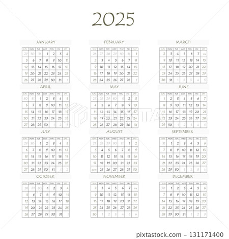 2025 calendar planner. Corporate week. Template layout, 12 months yearly, white background. Simple design for business brochure, flyer, print media, advertisement. Week starts from Monday 2025 calendar planner. Corporate week. Template layout, 12 months yearly, white background. Simple design for business brochure, flyer, print media, advertisement. Week starts from Monday 131171400