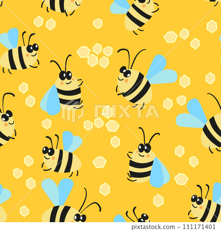 Seamless pattern with bees on color background. Small wasp. Vector illustration. Adorable cartoon character. Template design for invitation, cards, textile, fabric. Doodle style Seamless pattern with bees on color background. Small wasp. Vector illustration. Adorable cartoon character. Template design for invitation, cards, textile, fabric. Doodle style 131171401