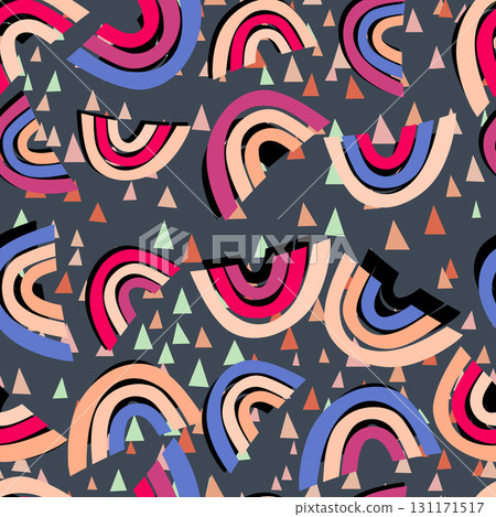 Trendy seamless pattern with colorful rainbow on color background. Design for invitation, poster, card, fabric, textile, fabric. Cute holiday illustration for baby. Scandinavian doodle style Trendy seamless pattern with colorful rainbow on color background. Design for invitation, poster, card, fabric, textile, fabric. Cute holiday illustration for baby. Scandinavian doodle style 131171517