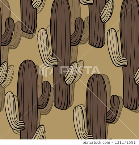 Seamless pattern with cacti, blooming succulent on color background. Vector hand drawn illustration for packaging, fabric, textile. Wild west cactus, western concept 131171591