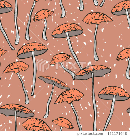 Seamless pattern with mushrooms. Hand drawn vector illustration. Vegan food menu. Poisonous and edible mushroom. Autumn mushroom picking, forest plant sketches Seamless pattern with mushrooms. Hand drawn vector illustration. Vegan food menu. Poisonous and edible mushroom. Autumn mushroom picking, forest plant sketches 131171648
