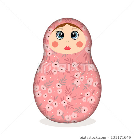 Russian Matryoshka. Traditional Russian folklore dolls with big eyes and lips. Babushka doll with hohloma, traditional painted floral pattern. Hand drawn vector illustration 131171649