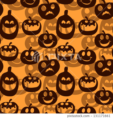 Seamless pattern of glowing halloween pumpkins on COLOR background. Scary and funny faces. Cute Pumpkin or ghost. Vector autumn holidays illustration 131171661