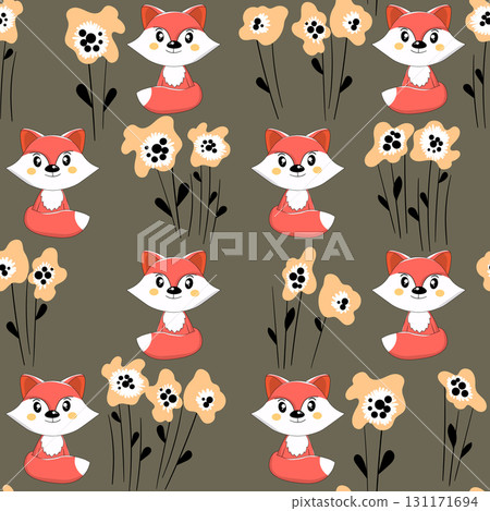 Seamless pattern with cute fox baby on color background. Funny forest animals. Card, postcards for kids. Flat vector illustration for fabric, textile, wallpaper, poster, paper 131171694