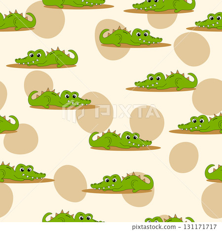 Animal seamless pattern with cartoon crocodiles on color background. Cute holiday illustration with crocodile for baby. Design for invitation, poster, card, fabric, textile, wrapper Animal seamless pattern with cartoon crocodiles on color background. Cute holiday illustration with crocodile for baby. Design for invitation, poster, card, fabric, textile, wrapper 131171717