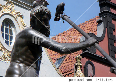 bronze statue of Tryton fountain in Gdansk Poland pigeon on the trident bronze statue of Tryton fountain in Gdansk Poland pigeon on the trident 131171760