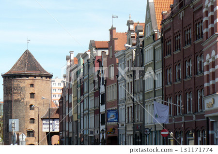 Old town square buildings lit by the sun Gdansk, Poland 131171774