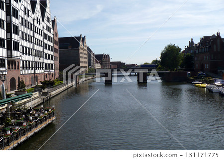 bridge on the canal in the port of Gdansk in Poland between tenements 131171775