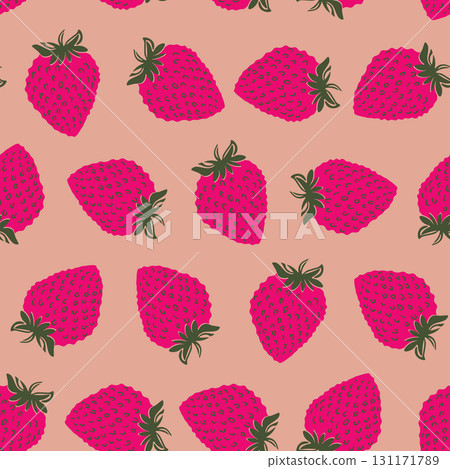 Seamless pattern with strawberry on color background. Natural delicious fresh ripe tasty fruit. Vector illustration for print, fabric, textile, banner, other design. Food concept. 131171789