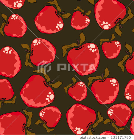 Seamless pattern with apple on color background. Natural delicious fresh ripe tasty fruit. Vector illustration for print, fabric, textile, banner, design. Stylized apples with leaves. Food concept Seamless pattern with apple on color background. Natural delicious fresh ripe tasty fruit. Vector illustration for print, fabric, textile, banner, design. Stylized apples with leaves. Food concept 131171790