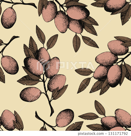 Seamless pattern with olive branch. Ink hand drawn olives background. Botanic plant vector illustration for print, fabric, textile. A sprig of an olive tree with leaves. Food concept 131171792