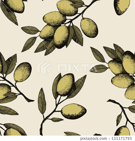Seamless pattern with olive branch. Ink hand drawn olives background. Botanic plant vector illustration for print, fabric, textile. A sprig of an olive tree with leaves. Food concept Seamless pattern with olive branch. Ink hand drawn olives background. Botanic plant vector illustration for print, fabric, textile. A sprig of an olive tree with leaves. Food concept 131171793