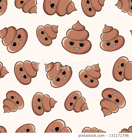 Seamless pattern with kawaii poop on white background. Cartoon poo, feces icons. Shit patterns, evil turd. Vector illustration for invitation, poster, card, fabric, textile. Doodle style Seamless pattern with kawaii poop on white background. Cartoon poo, feces icons. Shit patterns, evil turd. Vector illustration for invitation, poster, card, fabric, textile. Doodle style 131171796