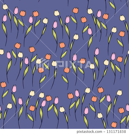Spring colorful vector illustration with tulips. Cartoon style. Simple minimalistic pattern with nature elements. Vector illustration for fabric, textile, poster, invitation 131171838
