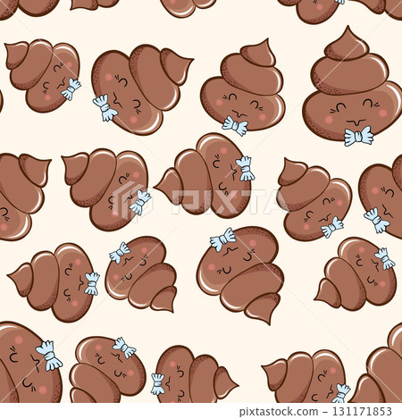 Seamless pattern with kawaii poop on white background. Cartoon poo, feces icons. Shit patterns, evil turd. Vector illustration for invitation, poster, card, fabric, textile. Doodle style Seamless pattern with kawaii poop on white background. Cartoon poo, feces icons. Shit patterns, evil turd. Vector illustration for invitation, poster, card, fabric, textile. Doodle style 131171853