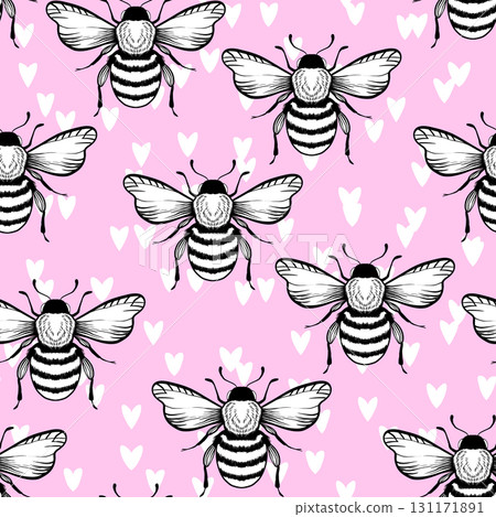 Seamless pattern with bees on color background. Small wasp. Vector illustration. Adorable cartoon character. Template design for invitation, cards, textile, fabric. Doodle style 131171891