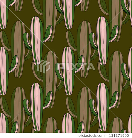 Seamless pattern with cacti, blooming succulent on color background. Vector hand drawn illustration for packaging, fabric, textile. Wild west cactus, western concept 131171900
