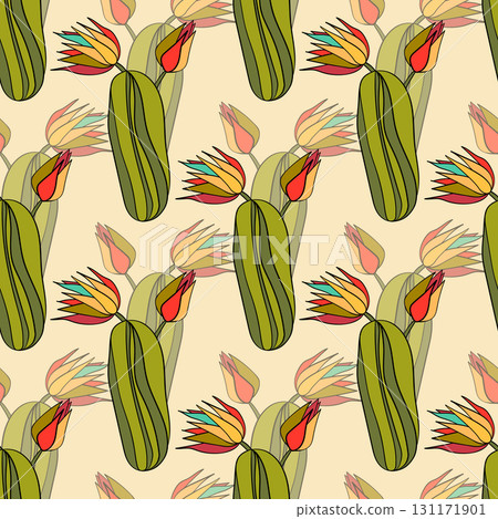 Seamless pattern with cacti, blooming succulent on color background. Vector hand drawn illustration for packaging, fabric, textile. Wild west cactus, western concept Seamless pattern with cacti, blooming succulent on color background. Vector hand drawn illustration for packaging, fabric, textile. Wild west cactus, western concept 131171901