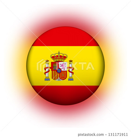 Glass light ball with flag of Spain. Round sphere, template icon. Spanish national symbol. Glossy realistic ball, 3D abstract vector illustration highlighted on a white background. Big bubble 131171911