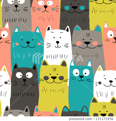 Seamless pattern with cute kitten print. Different scandy cats on color background. Scandinavian style illustration for kids. Vector illustration for fabric, textile, wallpaper, home clothing, pajama 131171936