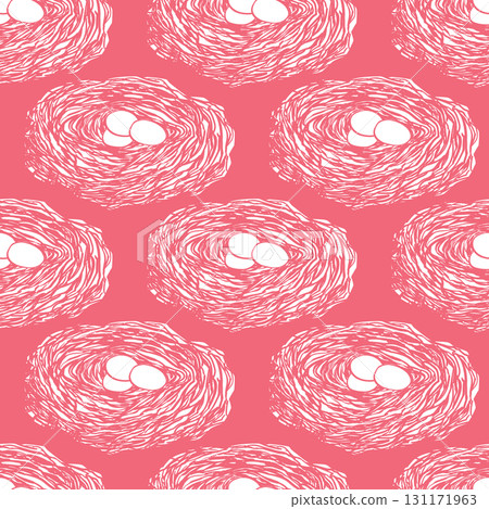 Spring seamless pattern with Bird nest with eggs. Easter hand drawn vector illustration, holiday design. 131171963