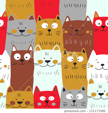 Seamless pattern with cute kitten print. Different scandy cats on color background. Scandinavian style illustration for kids. Vector illustration for fabric, textile, wallpaper, home clothing, pajama Seamless pattern with cute kitten print. Different scandy cats on color background. Scandinavian style illustration for kids. Vector illustration for fabric, textile, wallpaper, home clothing, pajama 131171990