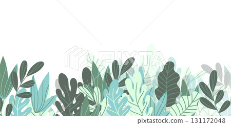 Floral frame with colorful exotic branches on white background. Ornate border with tropic leaves. Vector stock illustration for wallpaper, posters, card. Doodle style. Copy space Floral frame with colorful exotic branches on white background. Ornate border with tropic leaves. Vector stock illustration for wallpaper, posters, card. Doodle style. Copy space 131172048