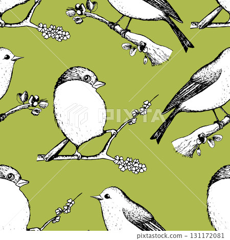 Seamless pattern with funny redbreast birds, flowers, leaves. Flat vector illustration with cartoon bird silhouette. Cute characters. Design for invitation, poster, card, textile, fabric Seamless pattern with funny redbreast birds, flowers, leaves. Flat vector illustration with cartoon bird silhouette. Cute characters. Design for invitation, poster, card, textile, fabric 131172081