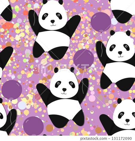 Seamless pattern with cute panda baby on color background. Funny asian animals. Card, postcards for kids. Flat vector illustration for fabric, textile, wallpaper, poster, gift wrapping paper Seamless pattern with cute panda baby on color background. Funny asian animals. Card, postcards for kids. Flat vector illustration for fabric, textile, wallpaper, poster, gift wrapping paper 131172090