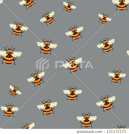 Seamless pattern with bees on floral background. Small wasp. Vector illustration. Adorable cartoon character. Template design for invitation, cards, textile, fabric. Doodle style Seamless pattern with bees on floral background. Small wasp. Vector illustration. Adorable cartoon character. Template design for invitation, cards, textile, fabric. Doodle style 131172171