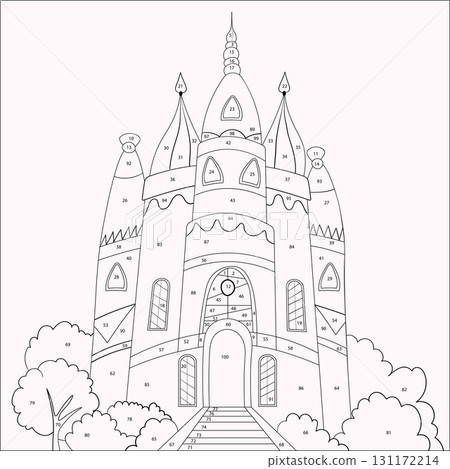Coloring page for kids with castle, palace. Color by numbers. Coloring book. Vector illustration. Mathematics educational children game Coloring page for kids with castle, palace. Color by numbers. Coloring book. Vector illustration. Mathematics educational children game 131172214