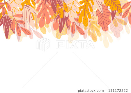 Floral frame with colorful exotic branches on white background. Ornate border with tropic leaves. Vector stock illustration for wallpaper, posters, card. Doodle style. Copy space. 131172222