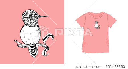 T-shirt with bird pattern. Women jersey, sport uniform kit, short fashion top, round neck blouse. Sketch Illustration. Template mock up T-shirt with bird pattern. Women jersey, sport uniform kit, short fashion top, round neck blouse. Sketch Illustration. Template mock up 131172260