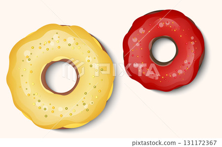 Donut with color icing and multicolored powder isolated on a white background. 3d realistic food icon. Template modern design for invitation, poster, card, fabric. Realistic vector illustration 131172367