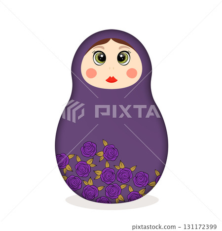 Russian Matryoshka. Traditional Russian folklore dolls with big eyes and lips. Babushka doll with hohloma, traditional painted floral pattern. Hand drawn vector illustration 131172399