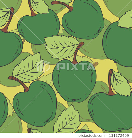 Seamless pattern with apple on color background. Natural delicious fresh ripe tasty fruit. Vector illustration for print, fabric, textile, banner, design. Stylized apples with leaves. Food concept Seamless pattern with apple on color background. Natural delicious fresh ripe tasty fruit. Vector illustration for print, fabric, textile, banner, design. Stylized apples with leaves. Food concept 131172409