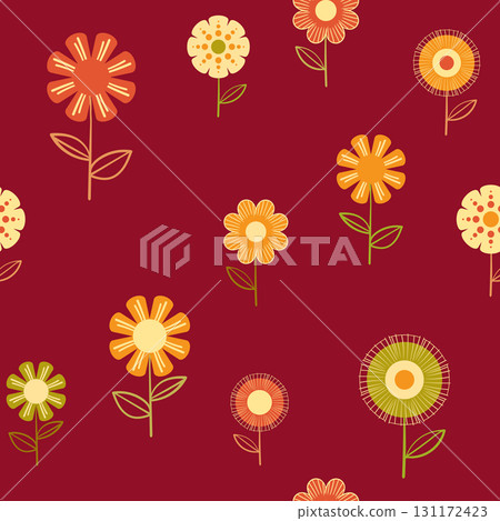 Seamless floral pattern based on traditional folk art ornaments. Colorful flowers on color background. Scandinavian style. Sweden nordic style. Vector illustration. Simple minimalistic pattern 131172423