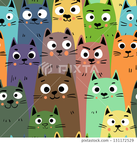 Seamless pattern with cute kitten print. Different scandy cats on color background. Scandinavian style illustration for kids. Vector illustration for fabric, textile, wallpaper, home clothing, pajama Seamless pattern with cute kitten print. Different scandy cats on color background. Scandinavian style illustration for kids. Vector illustration for fabric, textile, wallpaper, home clothing, pajama 131172529