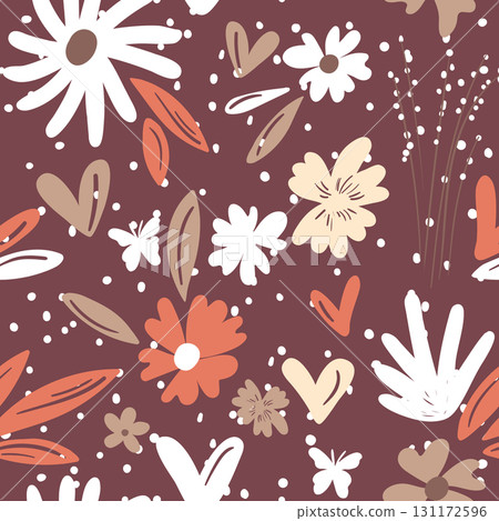 Seamless floral pattern based on traditional folk art ornaments. Colorful flowers on color background. Scandinavian style. Sweden nordic style. Vector illustration. Simple minimalistic pattern 131172596
