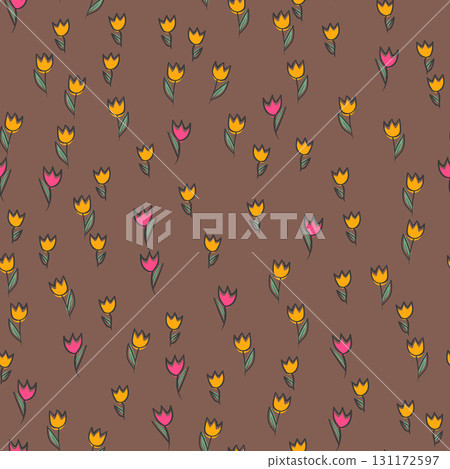 Spring colorful vector illustration with tulips. Cartoon style. Simple minimalistic pattern with nature elements. Vector illustration for fabric, textile, poster, invitation 131172597